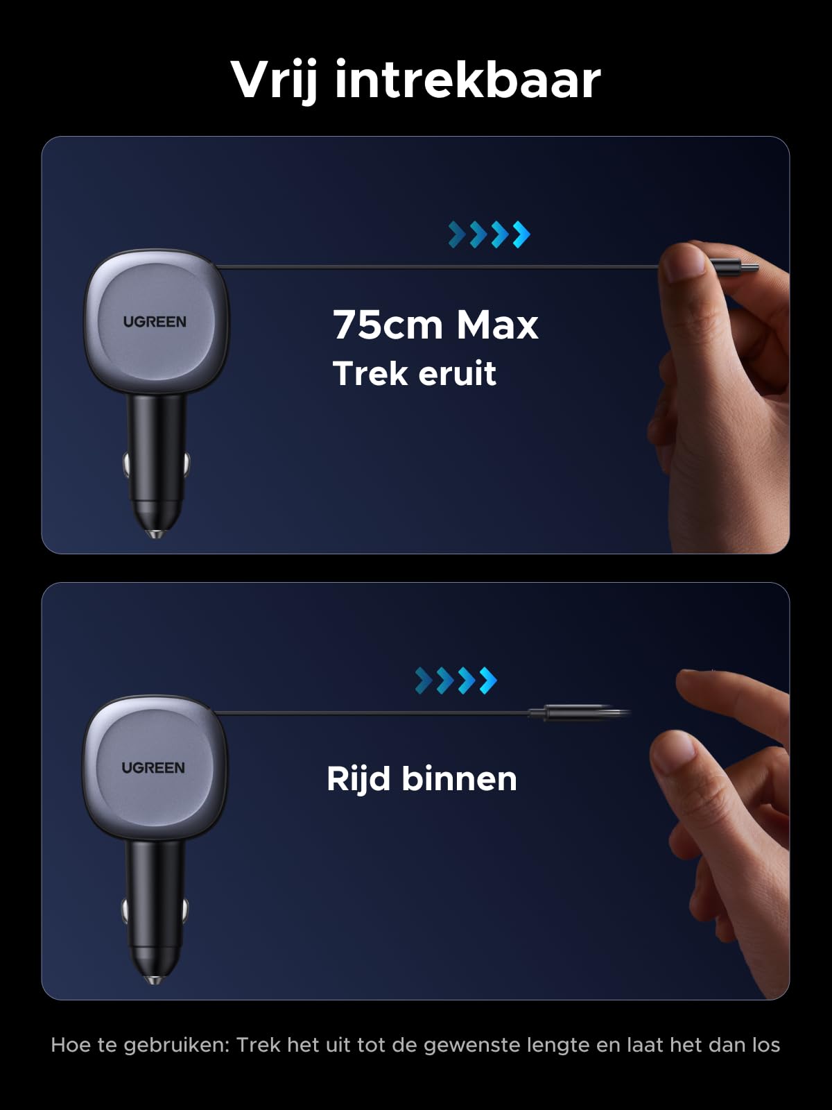 UGREEN Intrekbare autolader 75W sigarettenaansteker USB C compacte autolader USB C snelle lader auto accessoire voor iPhone 16/16 Pro/16 Pro Max/15/15 Pro Max, ipad, Galaxy S24, GPS enz