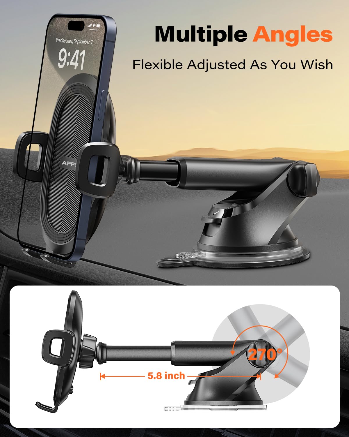 APPS2Car Auto Telefoonhouder, Dashboard Voorruit Stevige Zuigbeker Telefoonhouder, 360° Universele Telefoonhouder voor Auto Compatibel voor 4.7-6.8" iPhone 12/11/Pro, Samsung S21 en meer.