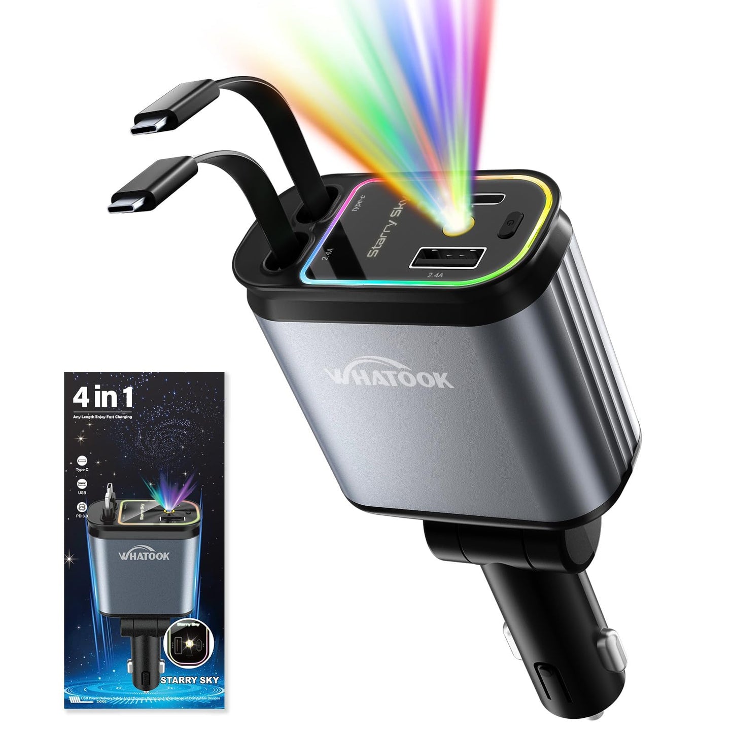 WHATOOK 4-in-1 sigarettenaansteker USB C 66 W auto-oplader adapter auto met sterrenhemel LED, 2 intrekbare kabels, auto camping accessoires reizen gadgets Travel Essentials Car Accessoires voor iPhone