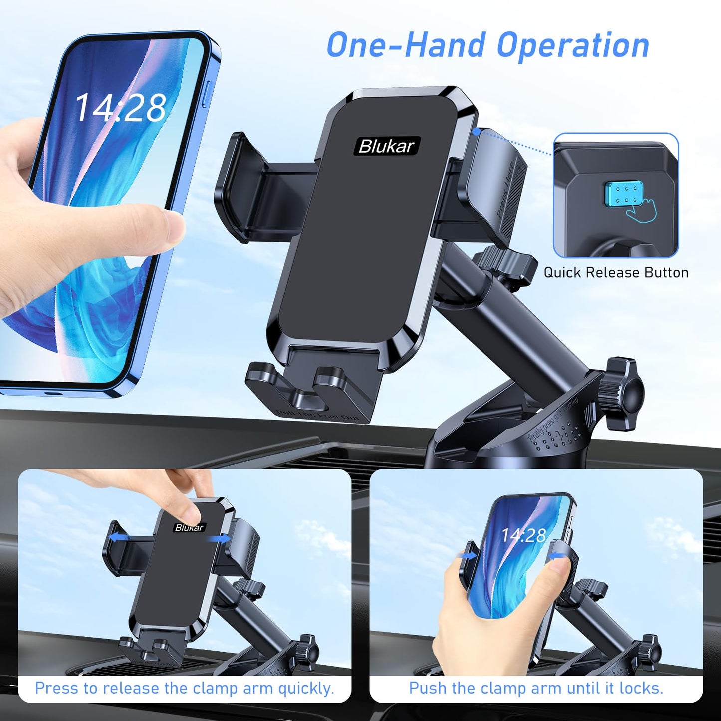 Blukar Auto Telefoonhouder, Verstelbare Telefoon Mount 360° Rotatie voor Dashboard/Voorruit (Verbeterde Sterke Zuiging) One Button Release Auto-Telefoon-Cradle voor 4.0-7.0 Inch Smartphones