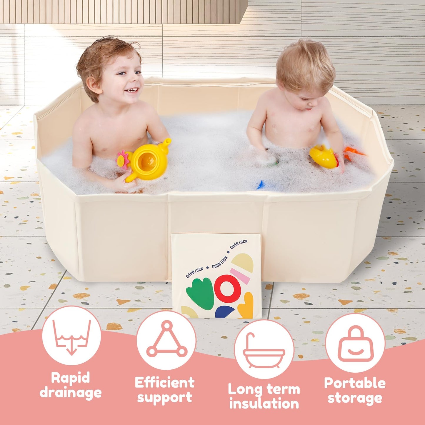 Opvouwbare badkuip voor kinderen, draagbaar kinderbad, geïntegreerde badkuip met afvoerschroef, voor thuis en op reis, dubbel gebruik, binnen en buiten, douchebak (wit)