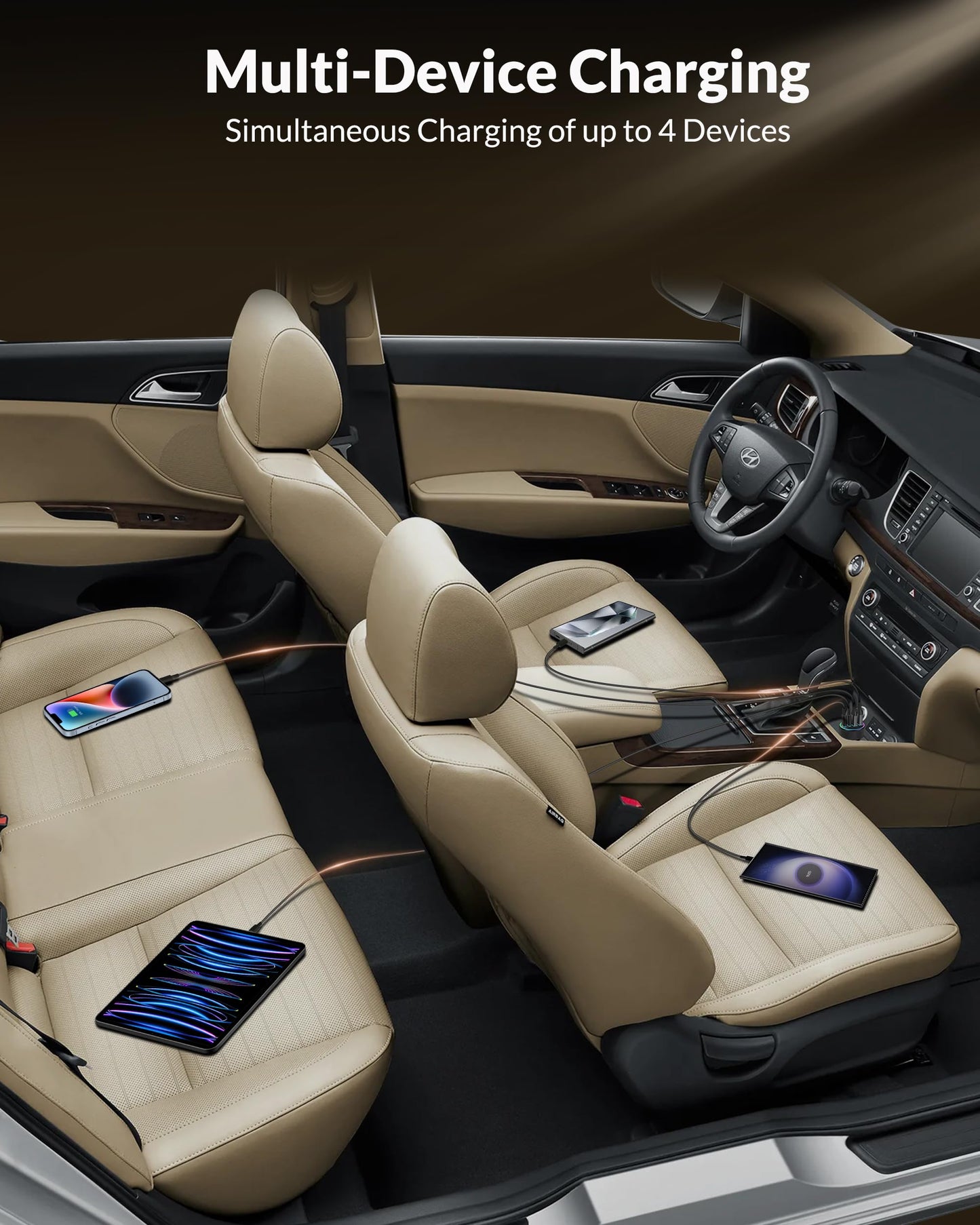 4-Poorts 90W Sigarettenaansteker USB C, Autolader Dual USBC & USB-A Multi PD/QC snel auto-opladen 12V adapter Car Charger voor iPhone 16 15 14 13 12 Pro Max, iPad, Samsung Galaxy S24/S23/S22