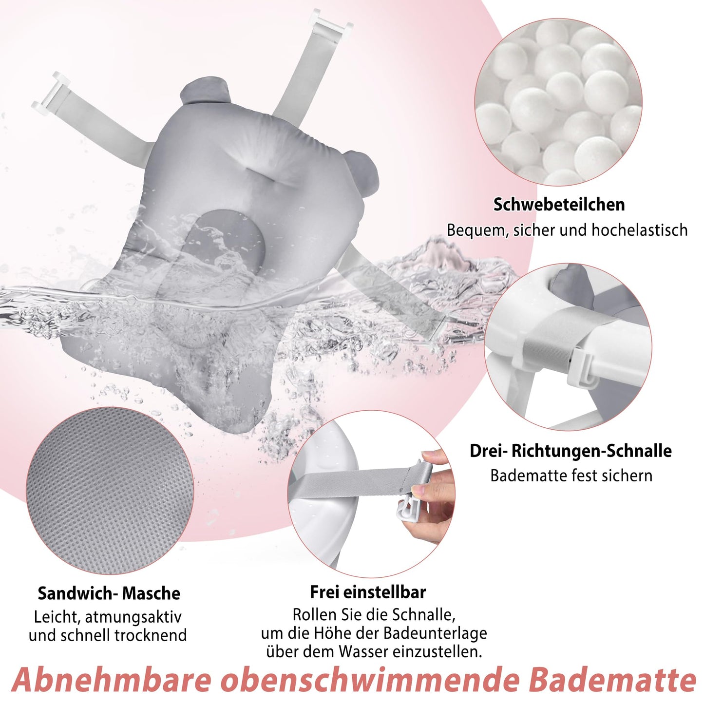 JNGLGO Babybadje, opvouwbaar, met badkussen, antislip, voor pasgeborenen en peuters, 82 x 50 x 22 cm, grijs