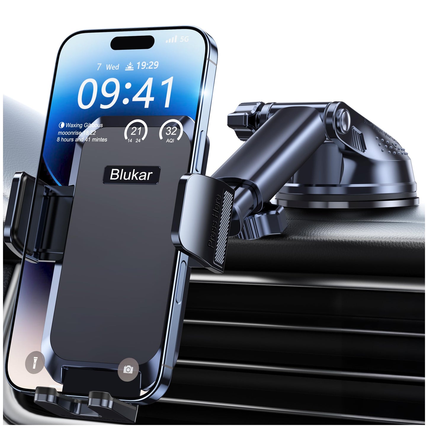 Blukar Auto Telefoonhouder, Verstelbare Telefoon Mount 360° Rotatie voor Dashboard/Voorruit (Verbeterde Sterke Zuiging) One Button Release Auto-Telefoon-Cradle voor 4.0-7.0 Inch Smartphones