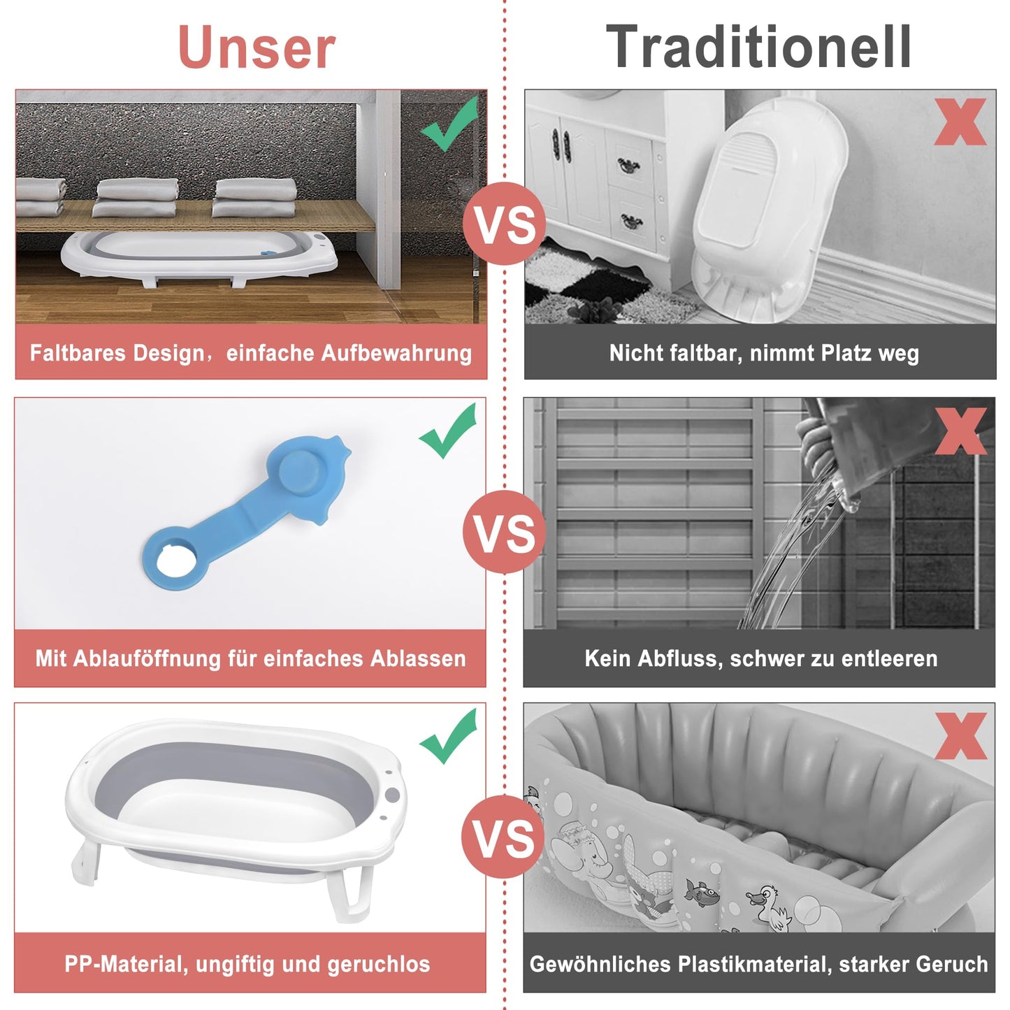 JNGLGO Babybadje, opvouwbaar, met badkussen, antislip, voor pasgeborenen en peuters, 82 x 50 x 22 cm, grijs