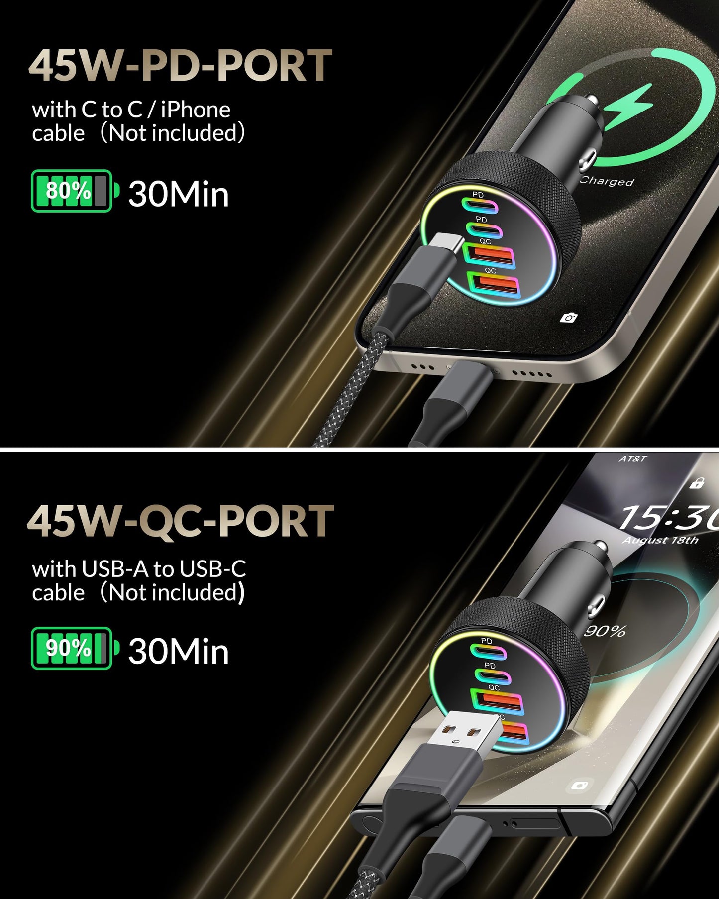 4-Poorts 90W Sigarettenaansteker USB C, Autolader Dual USBC & USB-A Multi PD/QC snel auto-opladen 12V adapter Car Charger voor iPhone 16 15 14 13 12 Pro Max, iPad, Samsung Galaxy S24/S23/S22