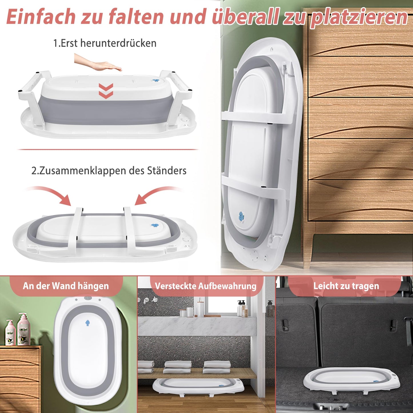 JNGLGO Babybadje, opvouwbaar, met badkussen, antislip, voor pasgeborenen en peuters, 82 x 50 x 22 cm, grijs