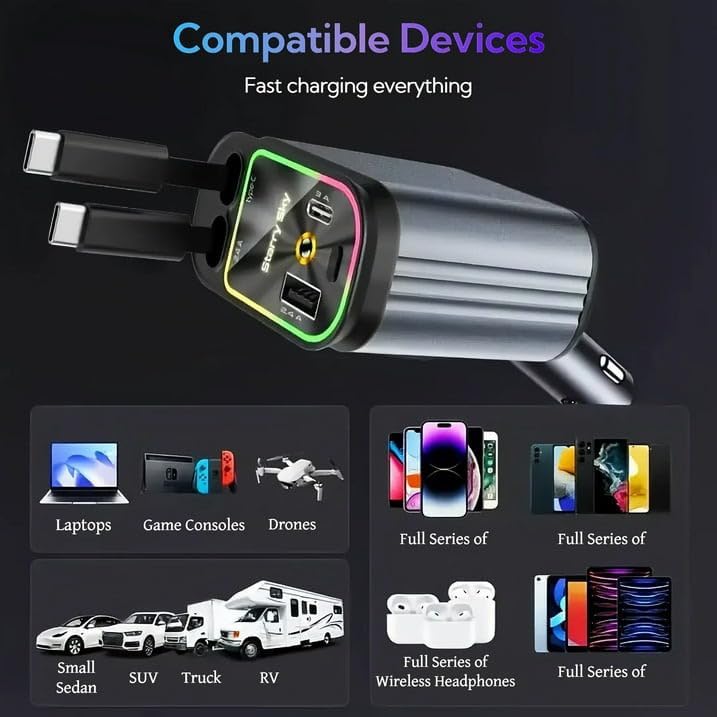 WHATOOK 4-in-1 sigarettenaansteker USB C 66 W auto-oplader adapter auto met sterrenhemel LED, 2 intrekbare kabels, auto camping accessoires reizen gadgets Travel Essentials Car Accessoires voor iPhone