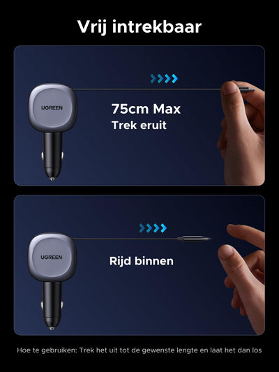 UGREEN Intrekbare autolader 75W sigarettenaansteker USB C compacte autolader USB C snelle lader auto accessoire voor iPhone 16/16 Pro/16 Pro Max/15/15 Pro Max, ipad, Galaxy S24, GPS enz