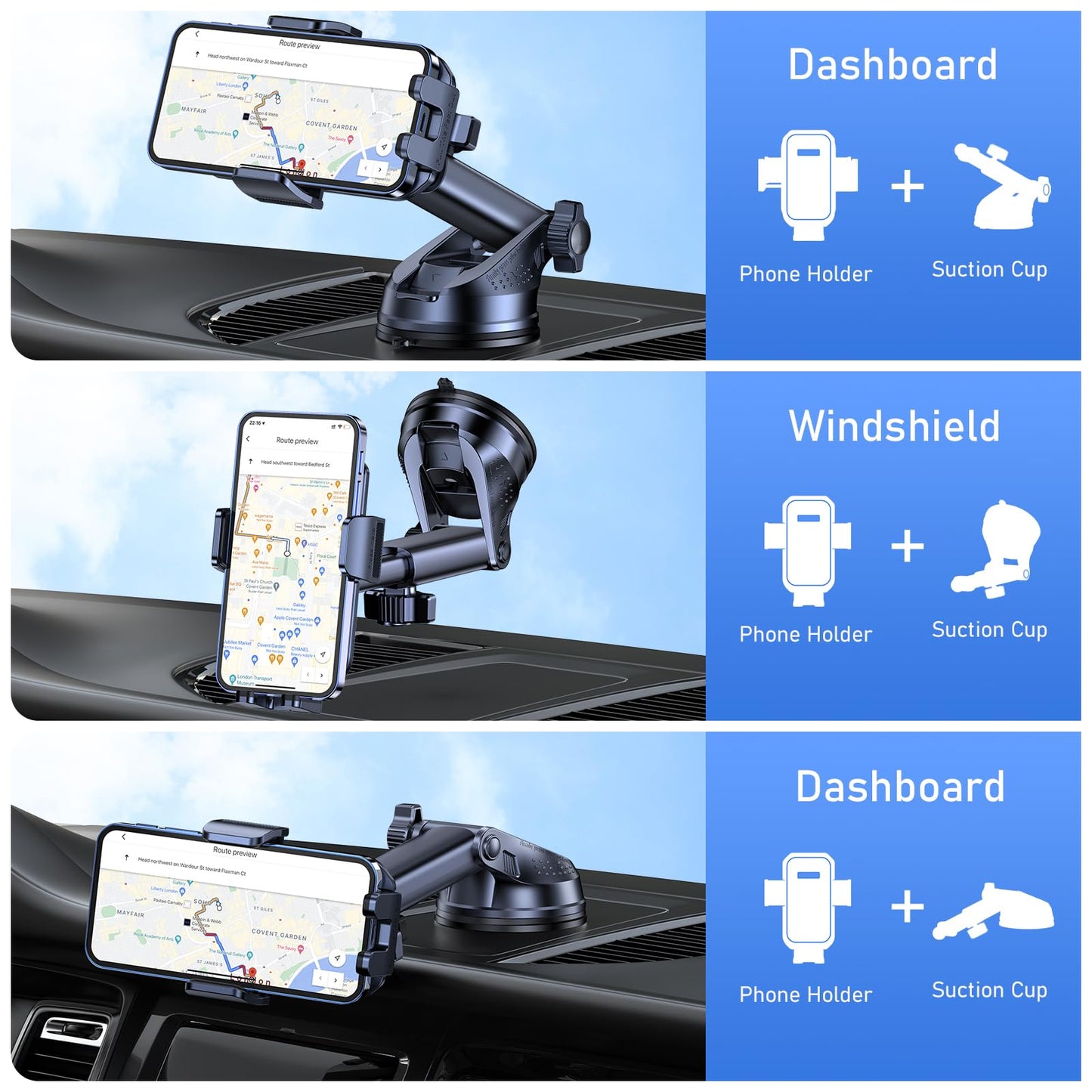 Blukar Auto Telefoonhouder, Verstelbare Telefoon Mount 360° Rotatie voor Dashboard/Voorruit (Verbeterde Sterke Zuiging) One Button Release Auto-Telefoon-Cradle voor 4.0-7.0 Inch Smartphones