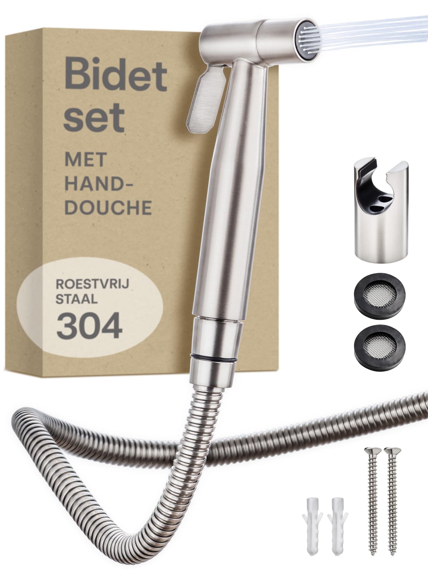 Bidet Set met Handdouche, 120 cm slang & wandhouder – Roestvrij staal – Voor standaard G1/2-aansluiting – Eenvoudige installatie