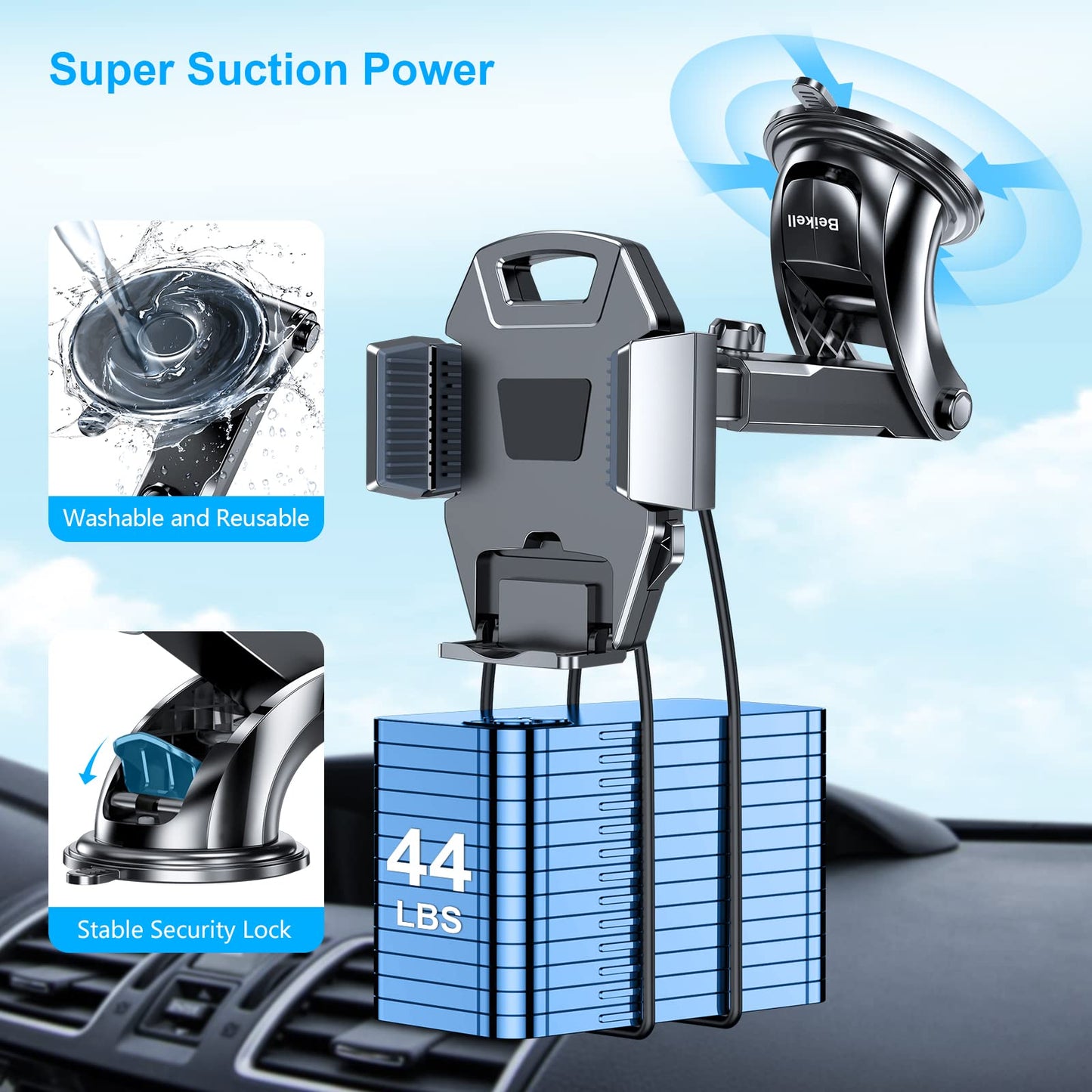 Beikell Mobiele Telefoonhouder voor Auto, 360 Graden Draaibaar Autotelefoonhouder met Één-Knop-Release, Voor montage op Dashboard & Glasplaat, Compatibel met iPhone, Galaxy en Andere Smartphones