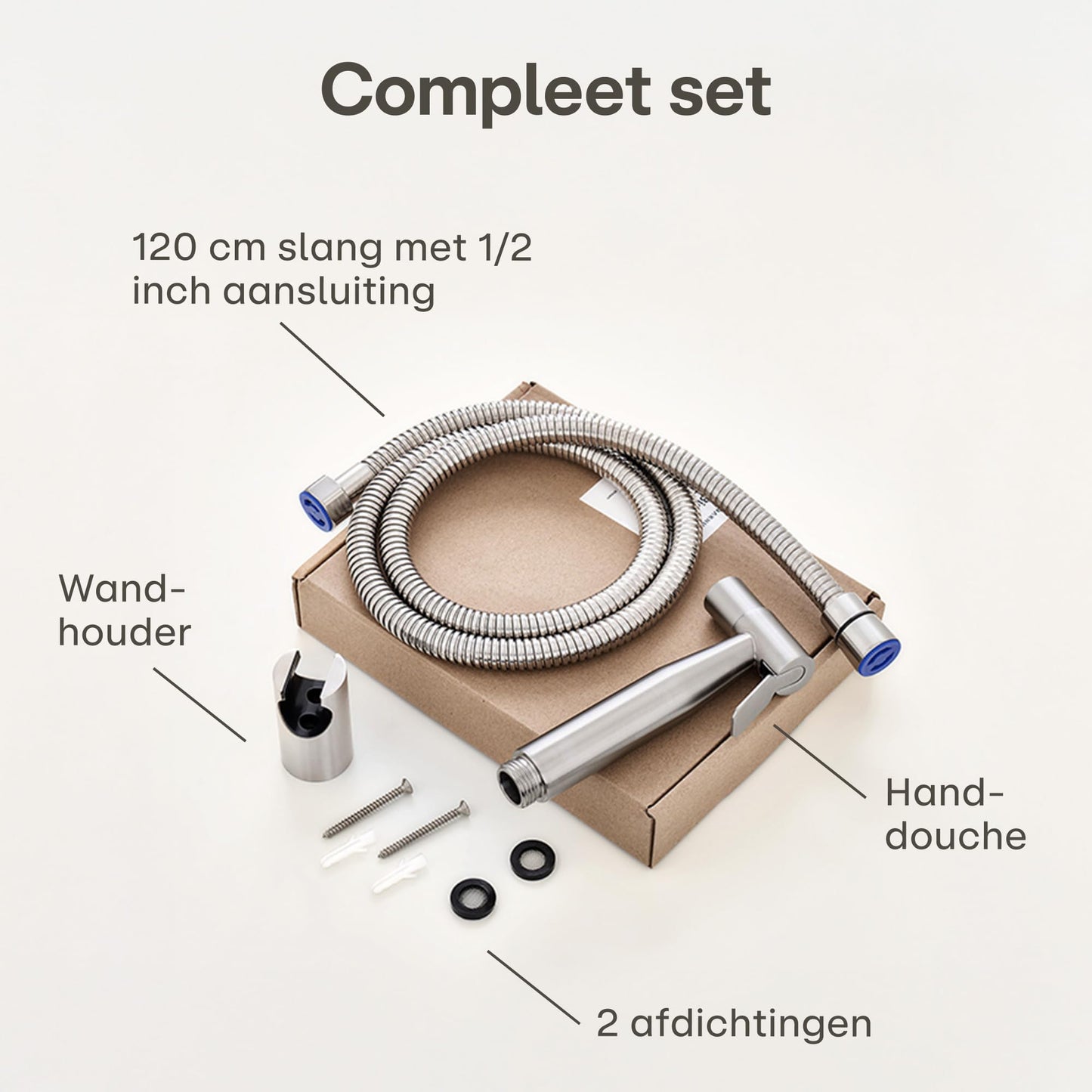 Bidet Set met Handdouche, 120 cm slang & wandhouder – Roestvrij staal – Voor standaard G1/2-aansluiting – Eenvoudige installatie