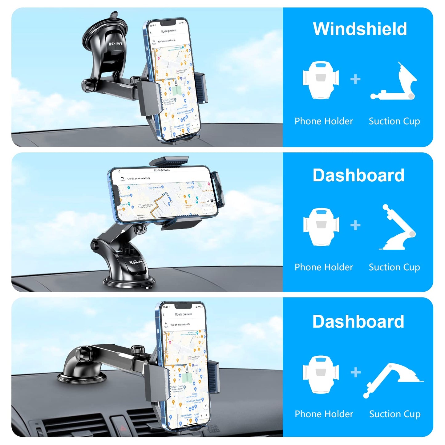 Beikell Mobiele Telefoonhouder voor Auto, 360 Graden Draaibaar Autotelefoonhouder met Één-Knop-Release, Voor montage op Dashboard & Glasplaat, Compatibel met iPhone, Galaxy en Andere Smartphones