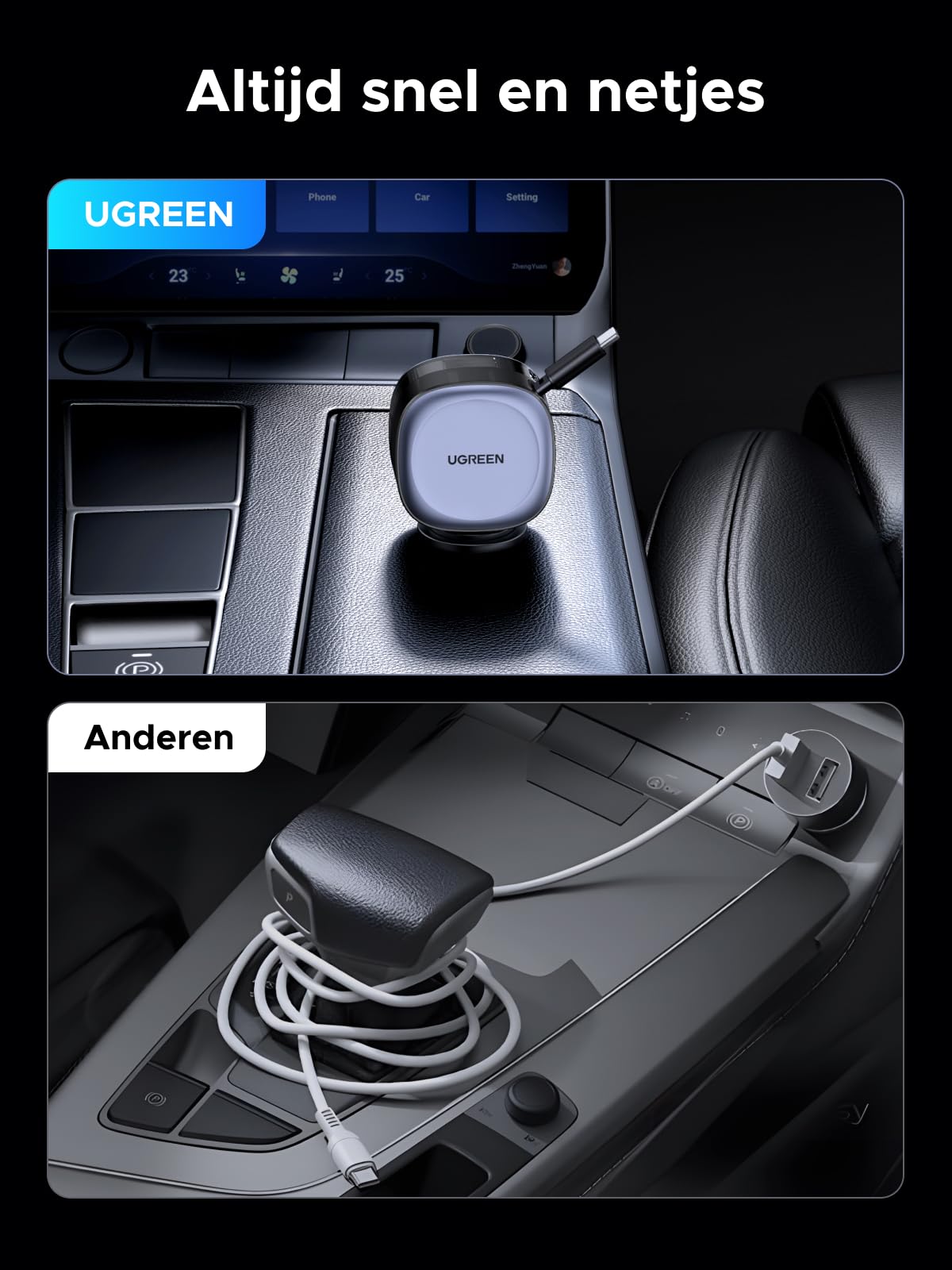 UGREEN Intrekbare autolader 75W sigarettenaansteker USB C compacte autolader USB C snelle lader auto accessoire voor iPhone 16/16 Pro/16 Pro Max/15/15 Pro Max, ipad, Galaxy S24, GPS enz
