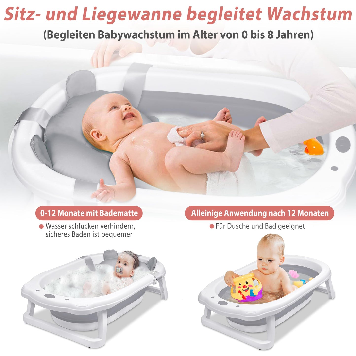 JNGLGO Babybadje, opvouwbaar, met badkussen, antislip, voor pasgeborenen en peuters, 82 x 50 x 22 cm, grijs
