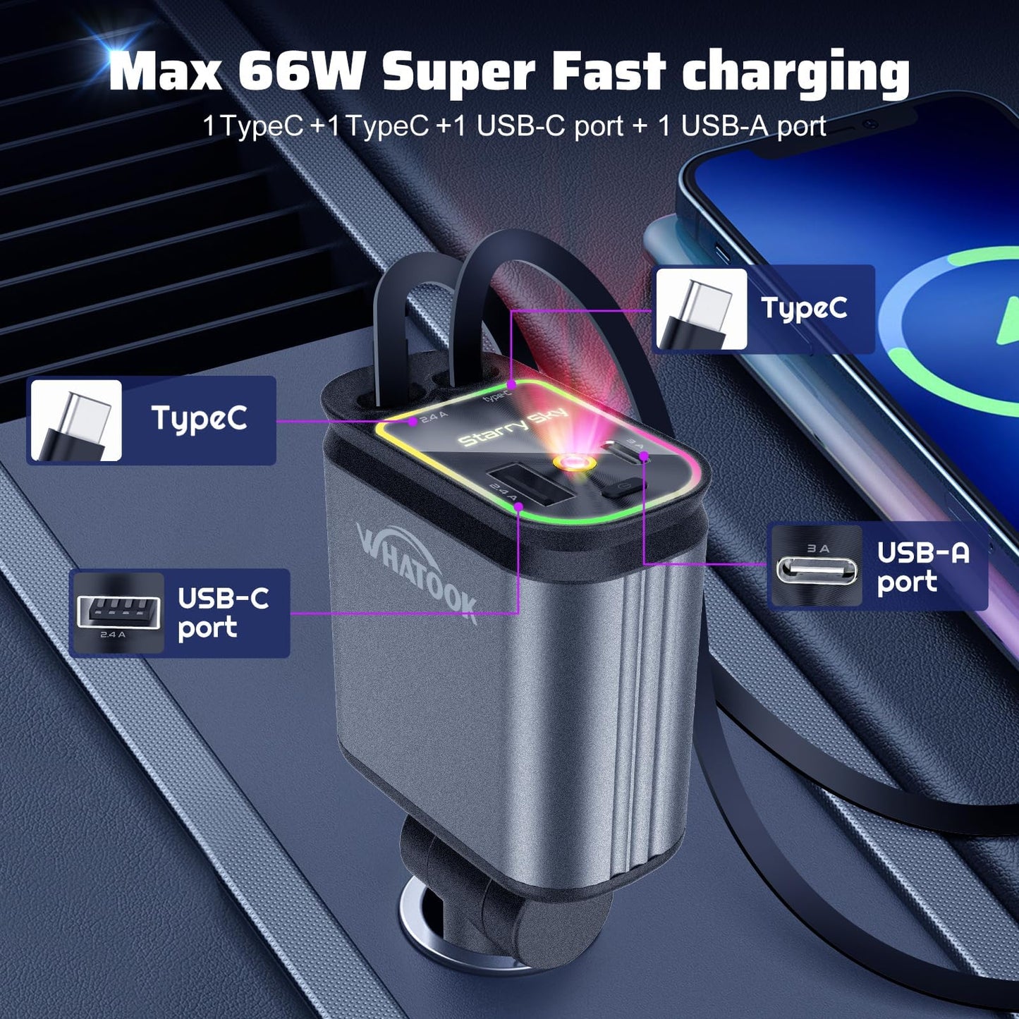 WHATOOK 4-in-1 sigarettenaansteker USB C 66 W auto-oplader adapter auto met sterrenhemel LED, 2 intrekbare kabels, auto camping accessoires reizen gadgets Travel Essentials Car Accessoires voor iPhone