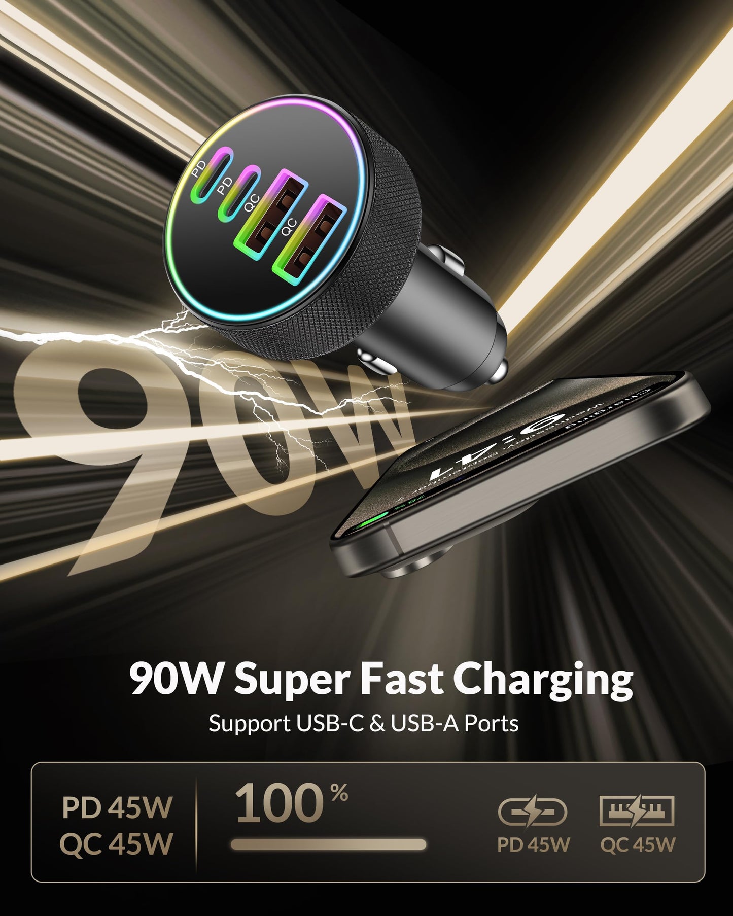 4-Poorts 90W Sigarettenaansteker USB C, Autolader Dual USBC & USB-A Multi PD/QC snel auto-opladen 12V adapter Car Charger voor iPhone 16 15 14 13 12 Pro Max, iPad, Samsung Galaxy S24/S23/S22