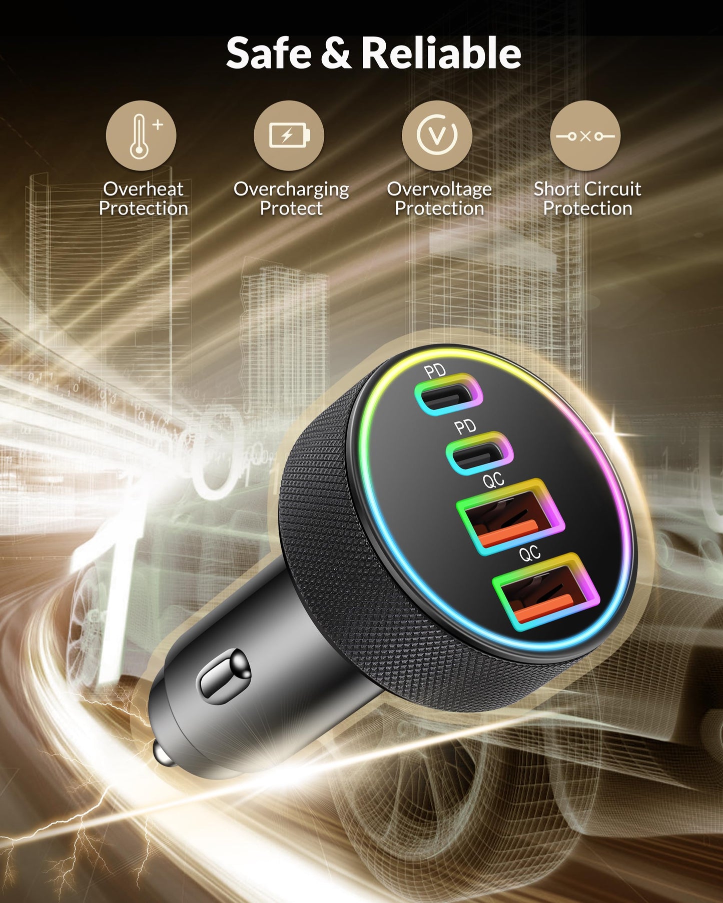 4-Poorts 90W Sigarettenaansteker USB C, Autolader Dual USBC & USB-A Multi PD/QC snel auto-opladen 12V adapter Car Charger voor iPhone 16 15 14 13 12 Pro Max, iPad, Samsung Galaxy S24/S23/S22