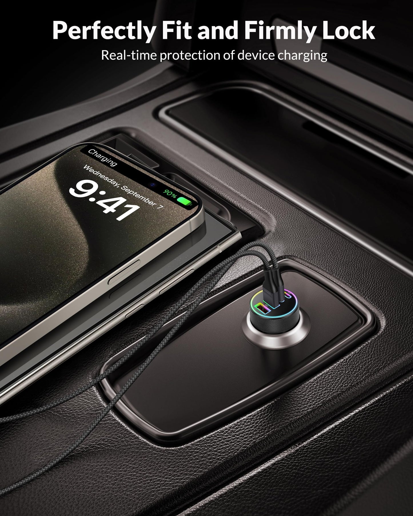 4-Poorts 90W Sigarettenaansteker USB C, Autolader Dual USBC & USB-A Multi PD/QC snel auto-opladen 12V adapter Car Charger voor iPhone 16 15 14 13 12 Pro Max, iPad, Samsung Galaxy S24/S23/S22